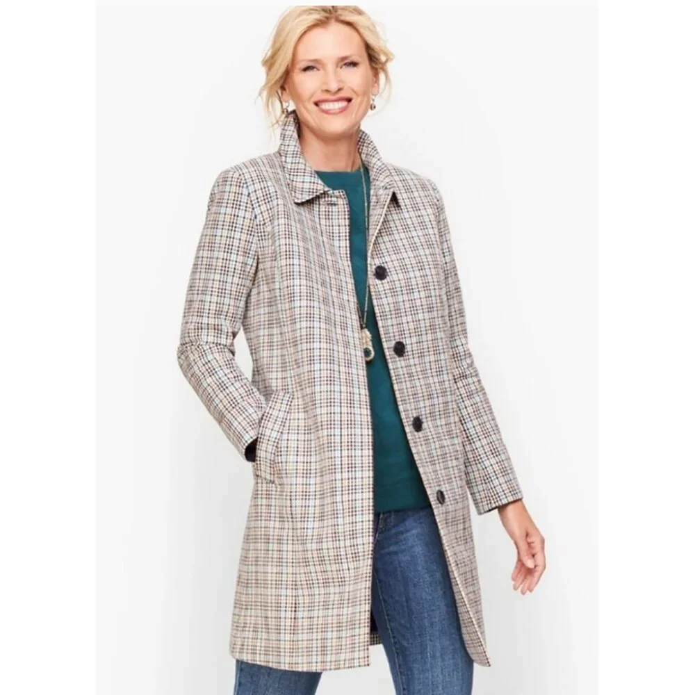 NWT Talbots Check Plaid Coat Ivory Aqua Camel Navy Brown Size 2 - Picture 1 of 7